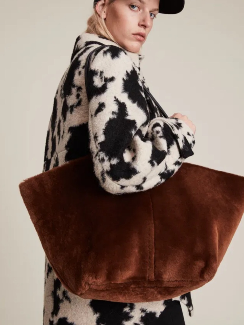 Like New - All Saints Hannah Shearling Tote Bag Faux Fur Brown with Black Straps